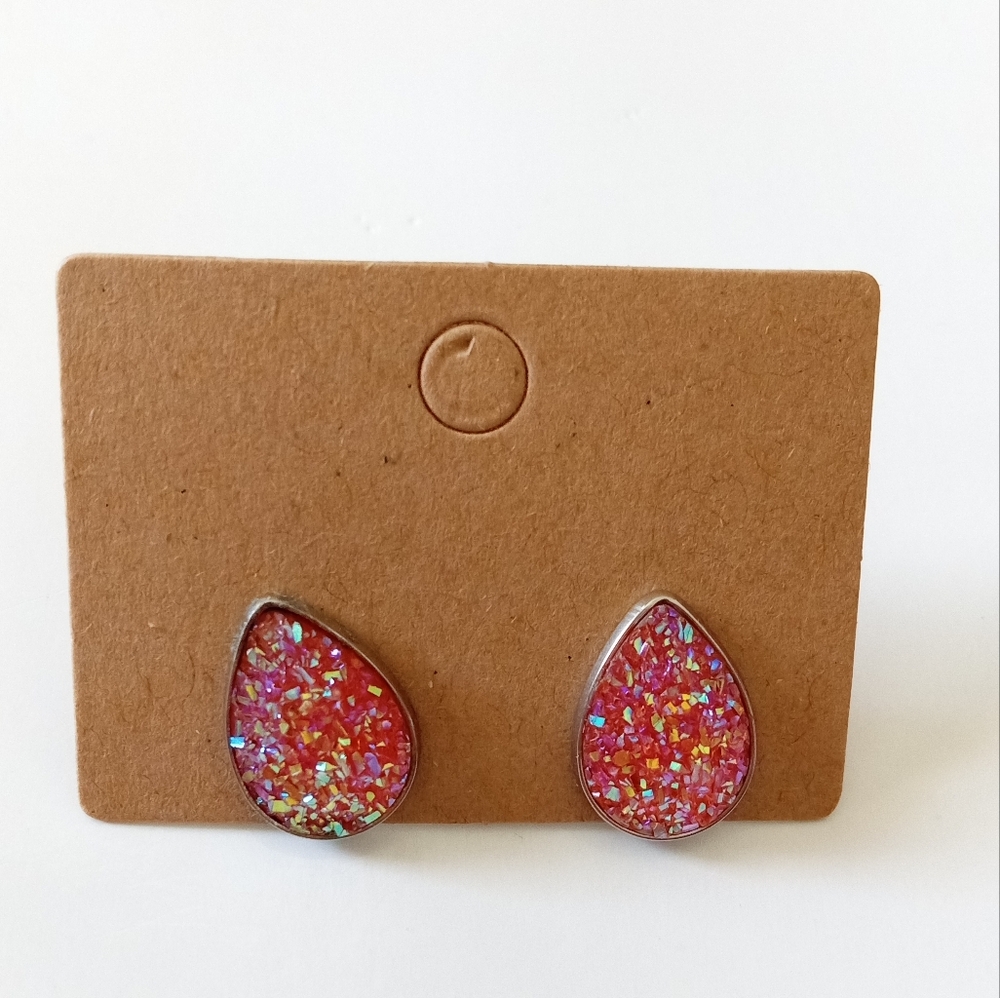 Fashion Jewelry Orange/Pink Druzy Teardrop Stud Earrings